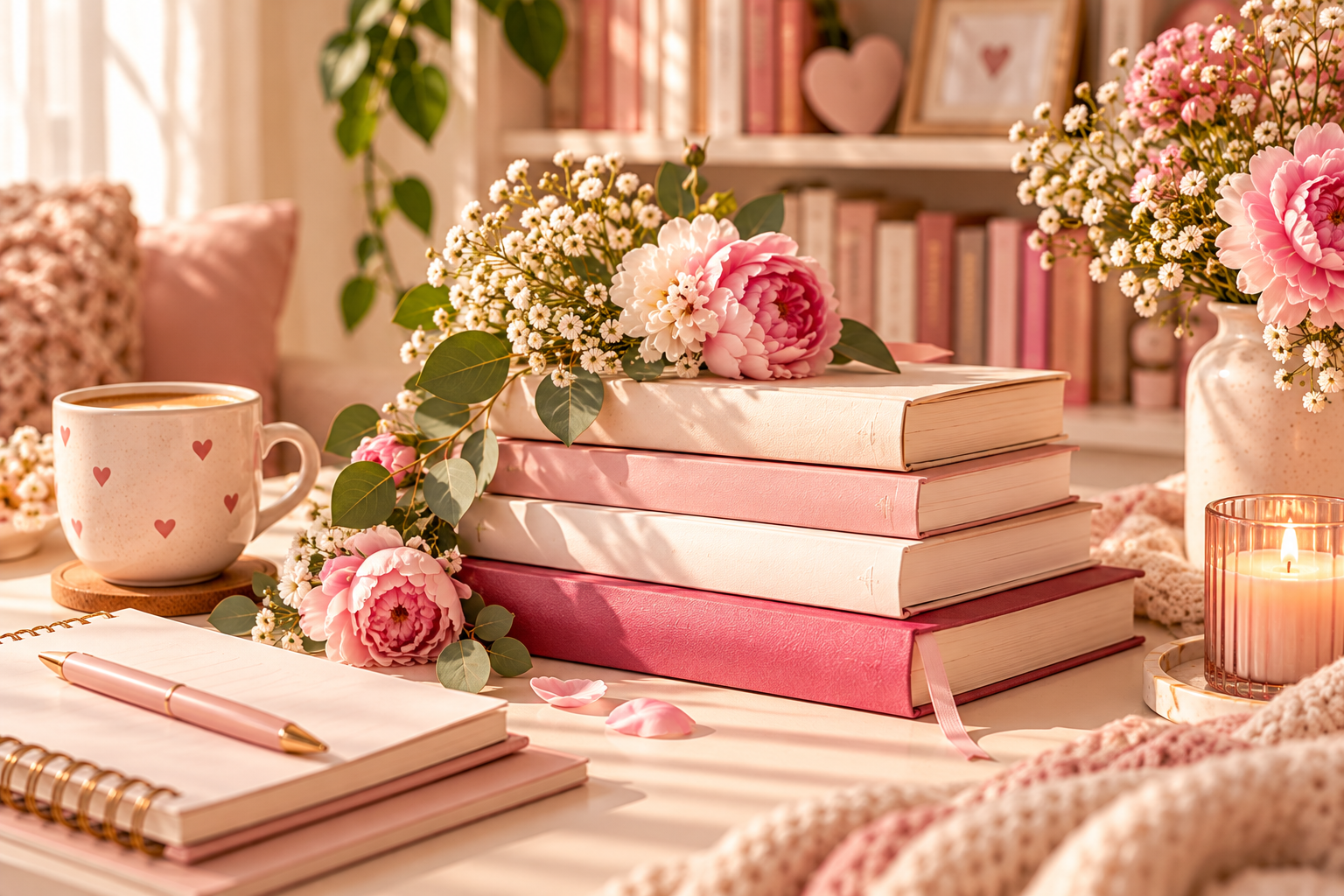 Pile de livres roses et crème accompagnée de fleurs.