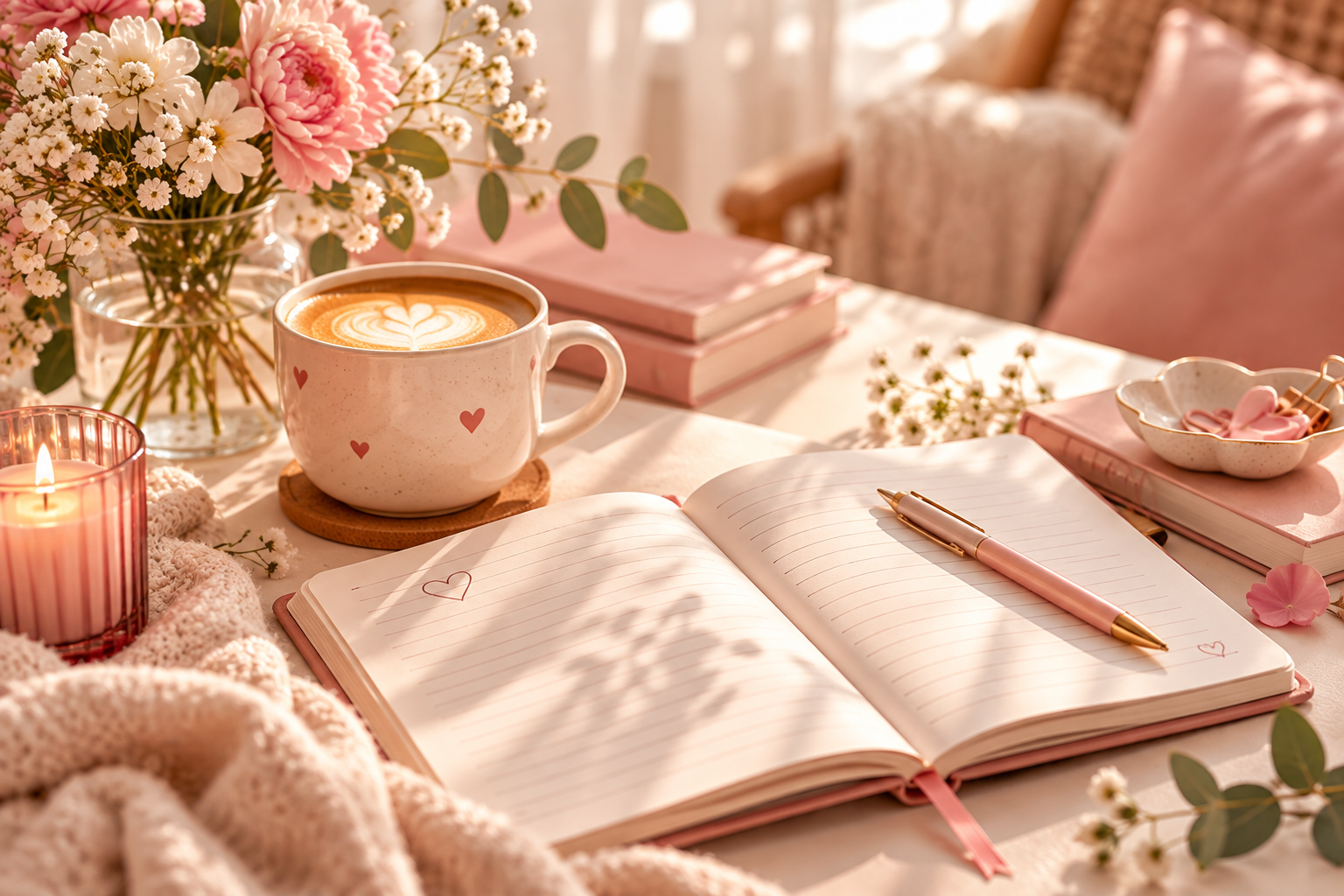 Carnet ouvert, tasse et fleurs dans une ambiance douce et lumineuse.