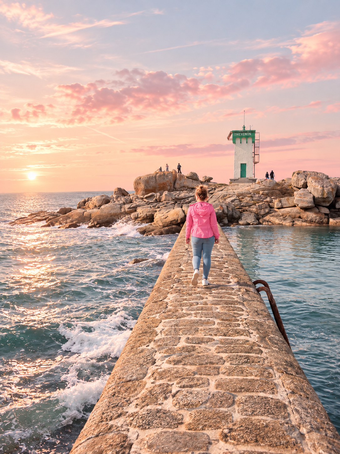 Lili avançant sur une jetée au bord de la mer, sous un ciel aux teintes rosées.