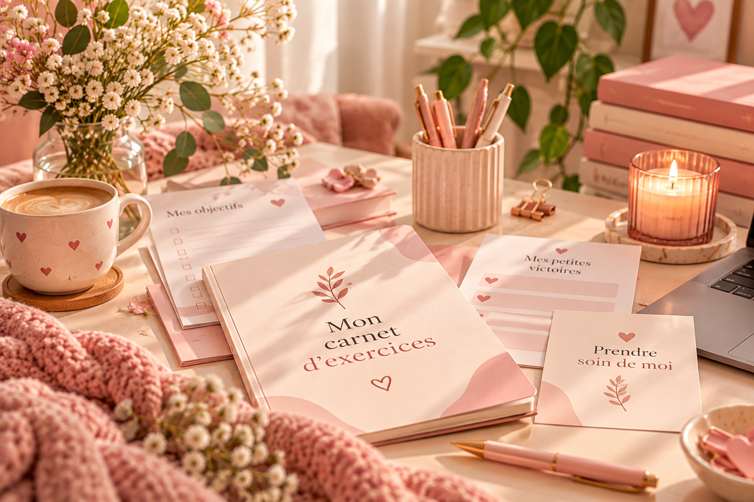 Carnet d'exercices et fiches de réflexion aux couleurs roses et crème.