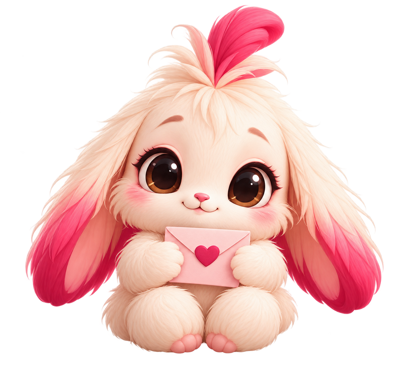 Rizi, la mascotte RiseMea, tenant une enveloppe rose avec un cœur