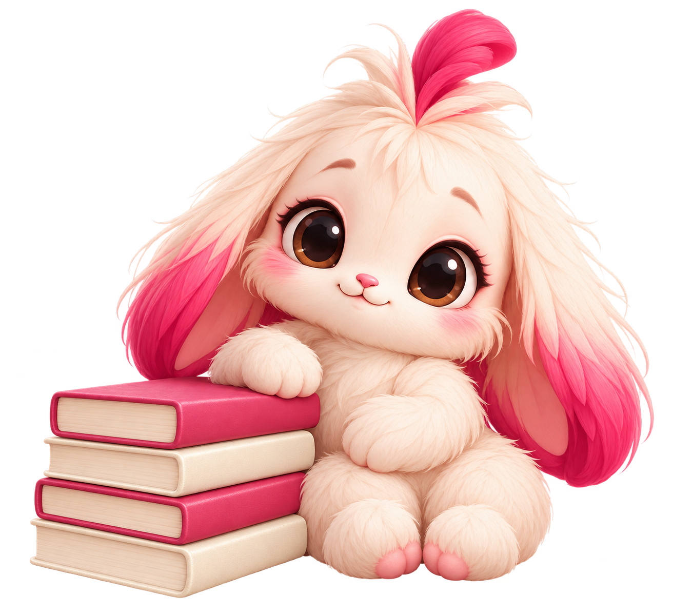 Rizi, la mascotte RiseMea, accompagnée de quatre livres