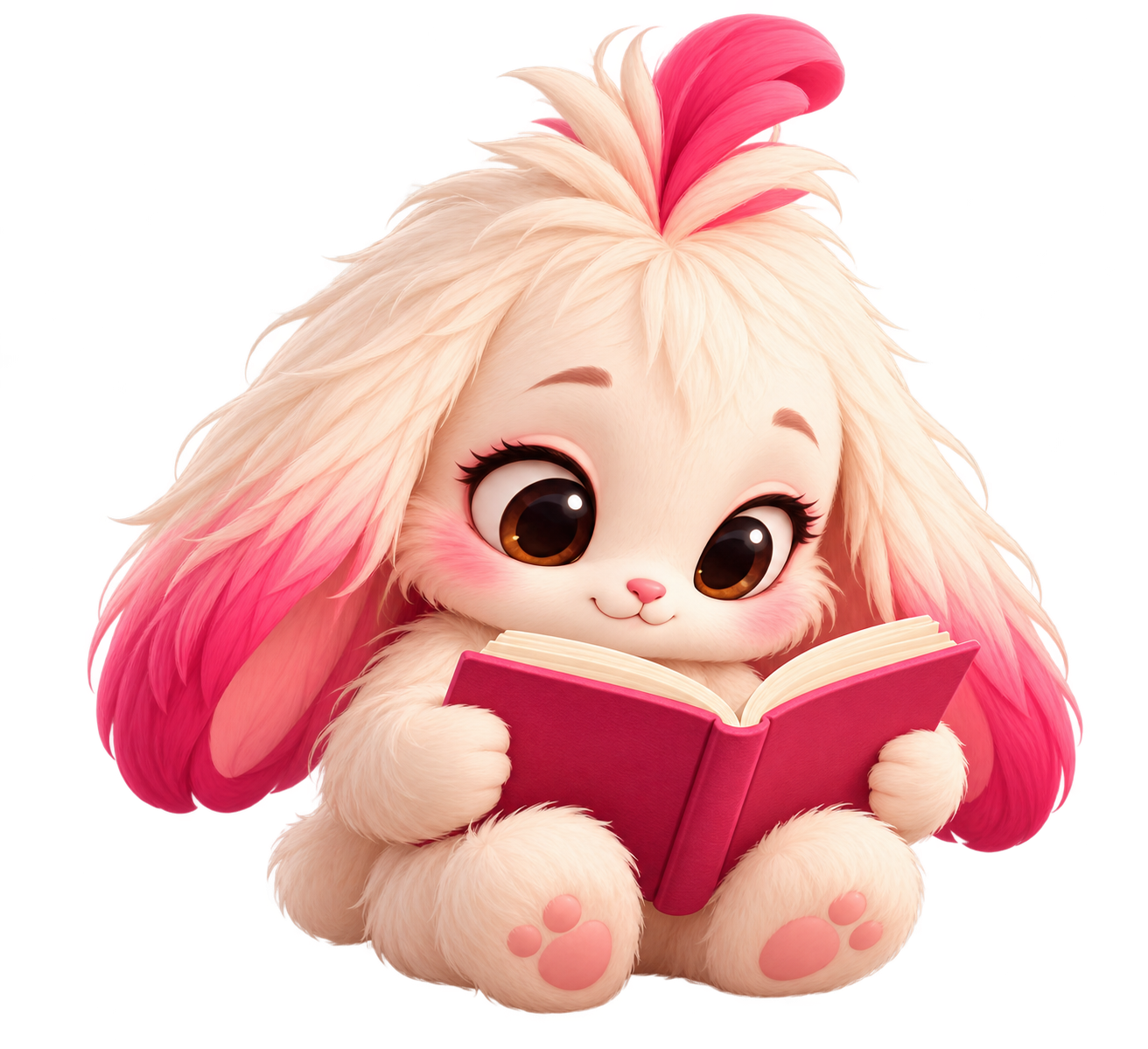 Rizi, la mascotte RiseMea, plongée dans la lecture d'un livre