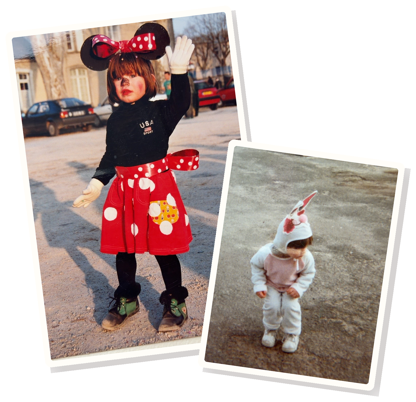 Deux photographies d'enfance d'Alison, déguisée en Minnie et en lapin